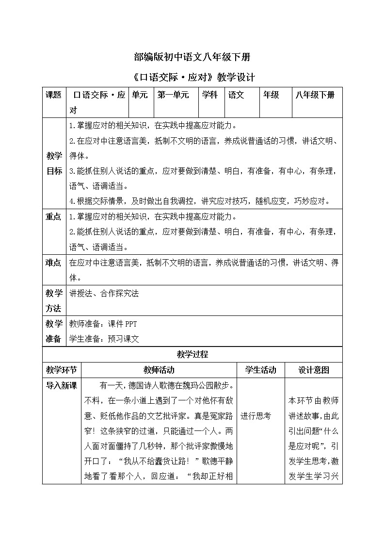 部编版语文八年级下册 口语交际:应对 课件+教案+同步练习01