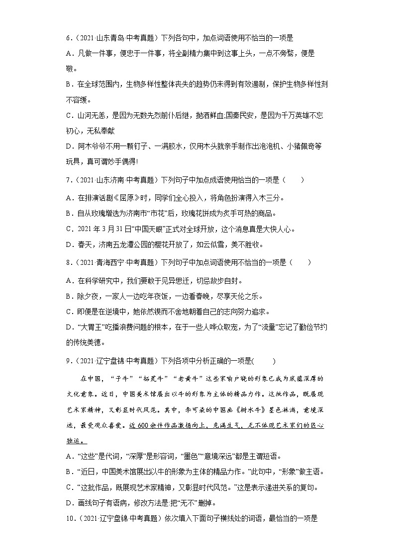 2023 语文新中考二轮复习热点透析 核心考点02词语的理解与运用 试卷03