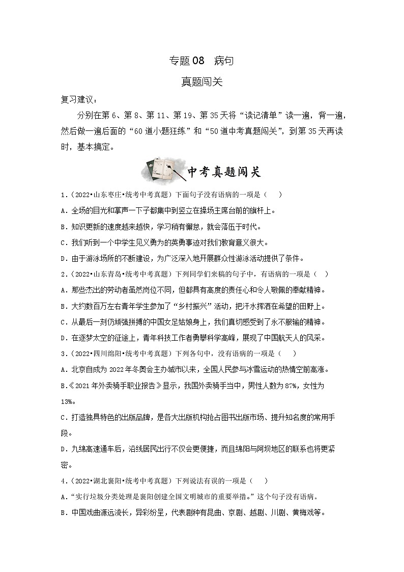 专题08  病句(真题闯关)(原卷版)第1页