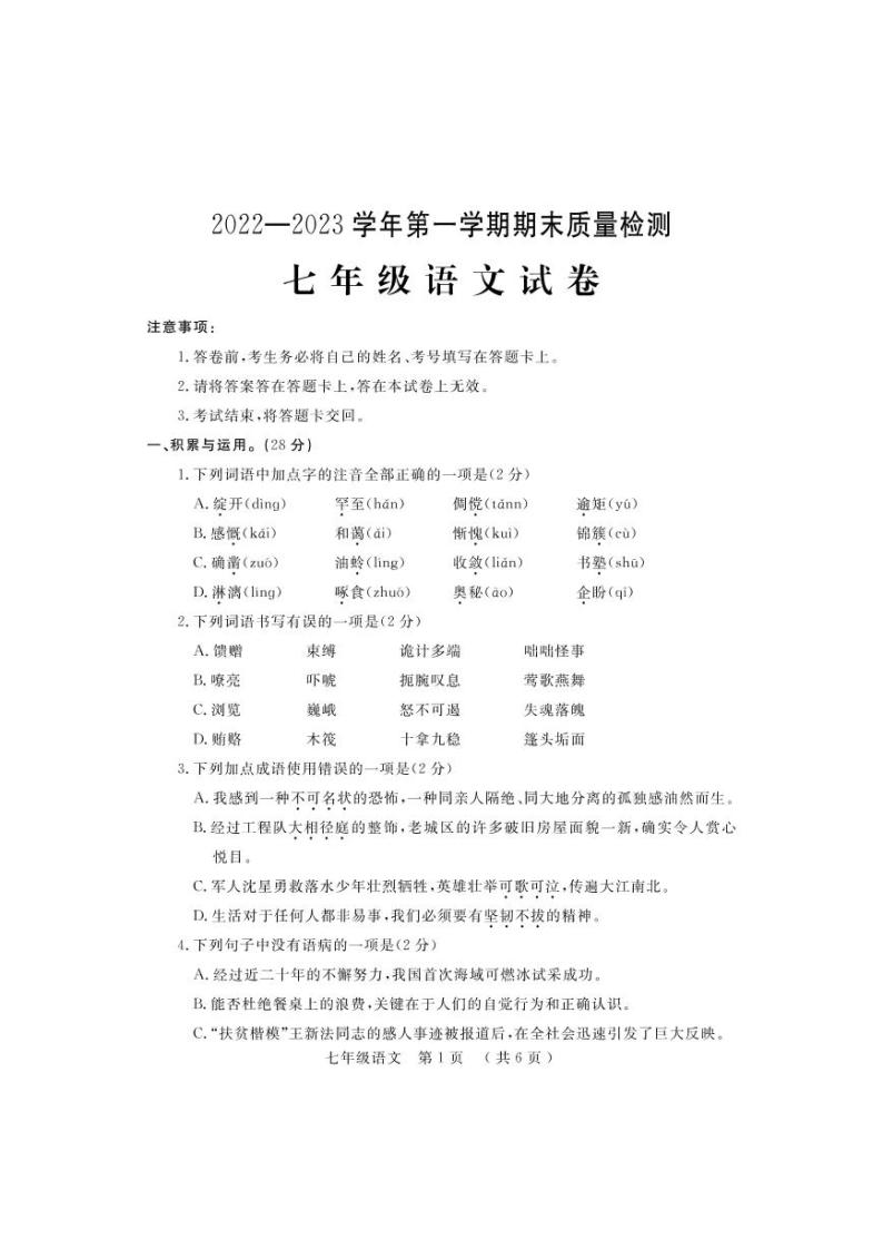 河南省洛阳市宜阳县2022-2023学年七年级上学期期末语文试题01