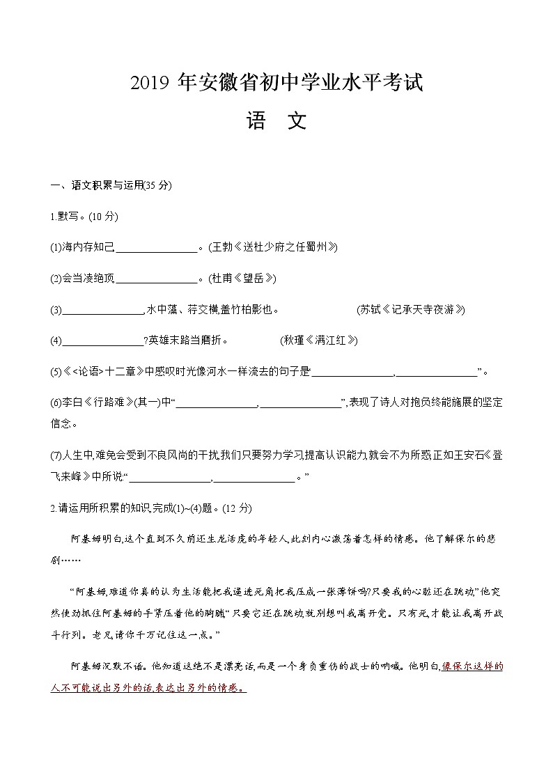 2019年安徽省中考语文试卷【含答案】第1页