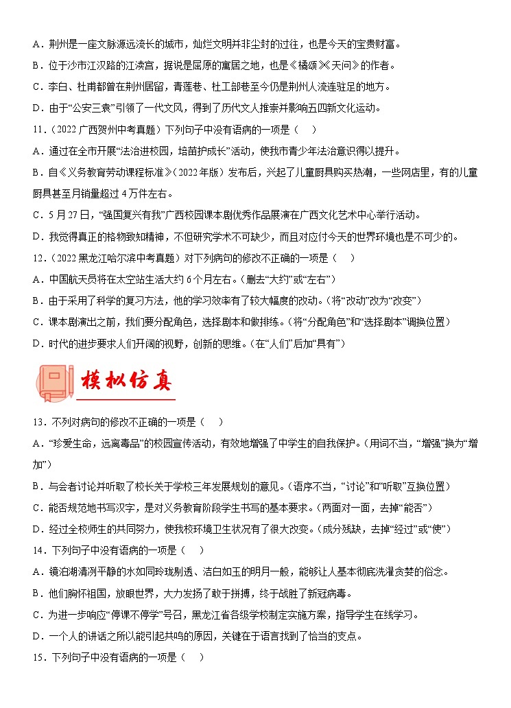 【备考2023】 部编版中考语文一轮复习专题精练 专题04:病句的辨析与修改 (原卷版)第3页