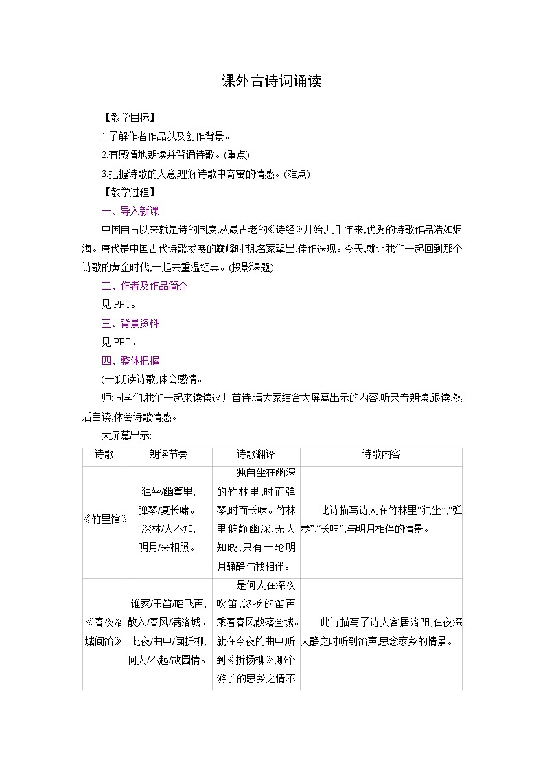 部编版语文七年级下册 第三单元 课外古诗词诵读 同步教案第1页