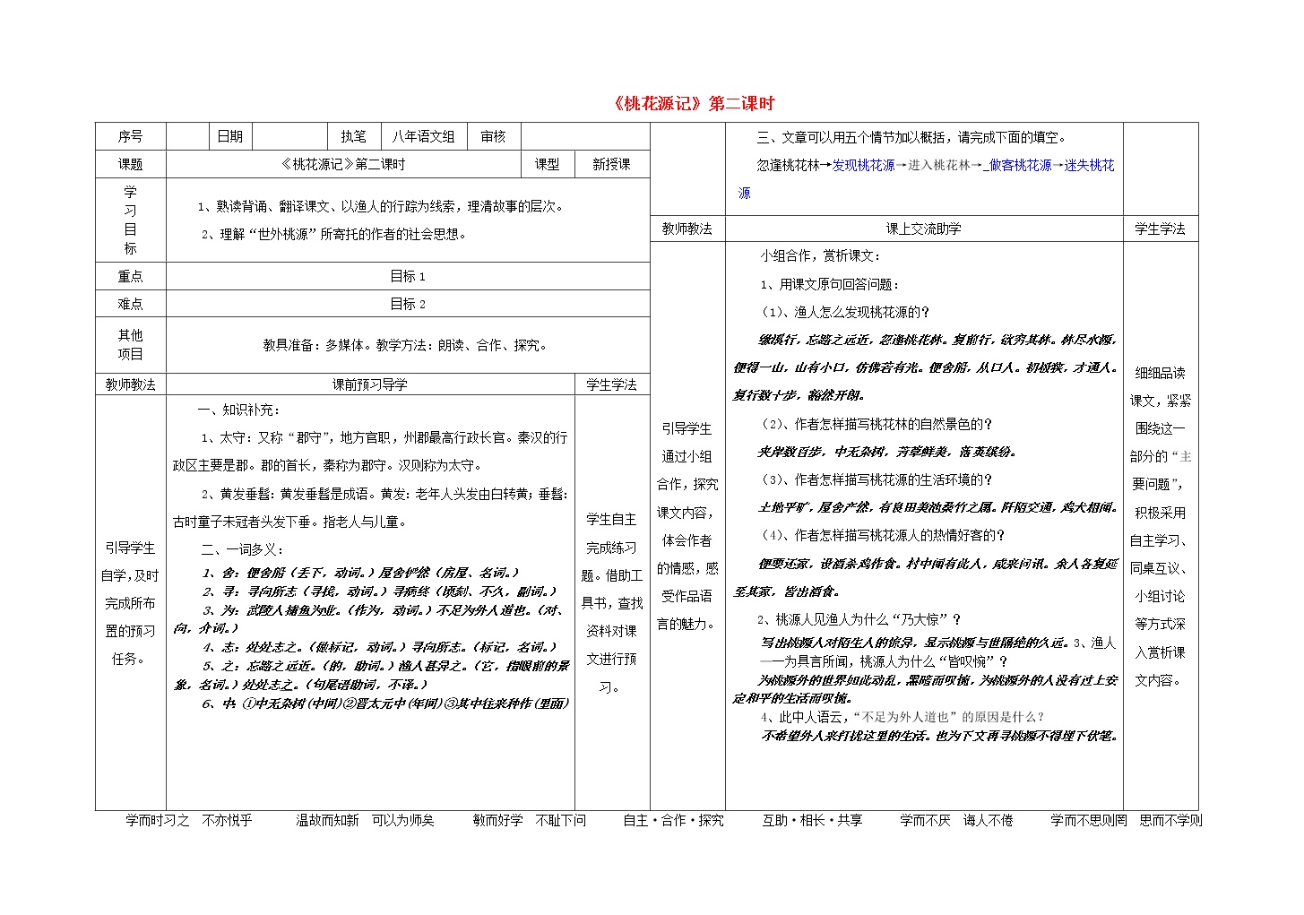 人教部编版八年级下册9 桃花源记导学案