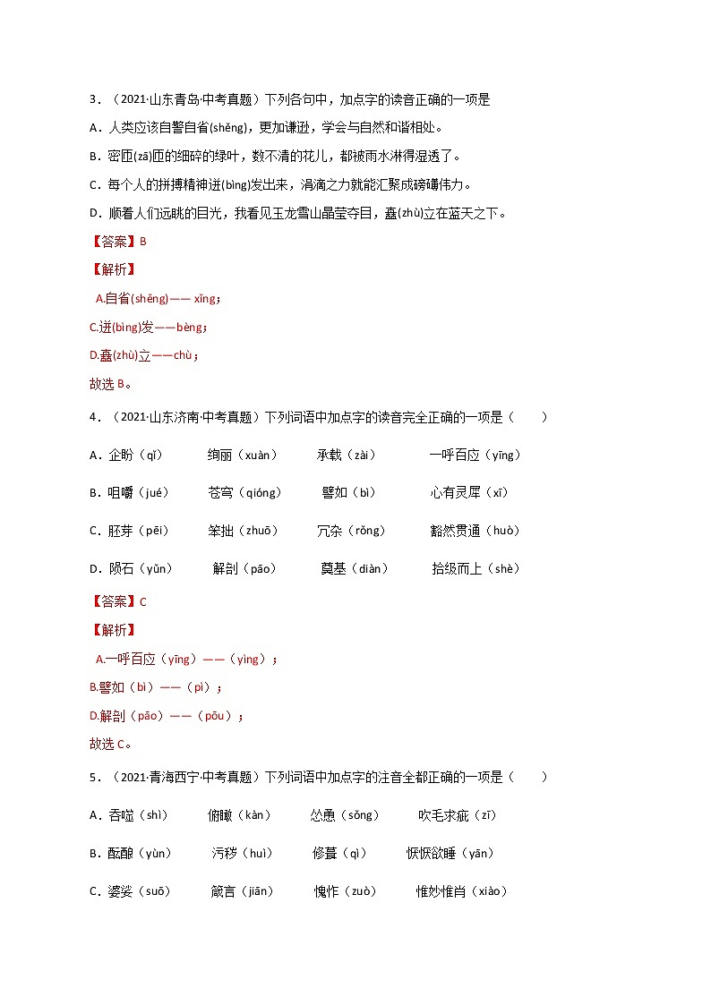 专题1 字音、字形(一)-中考语文基础知识+考点集训专题训练02