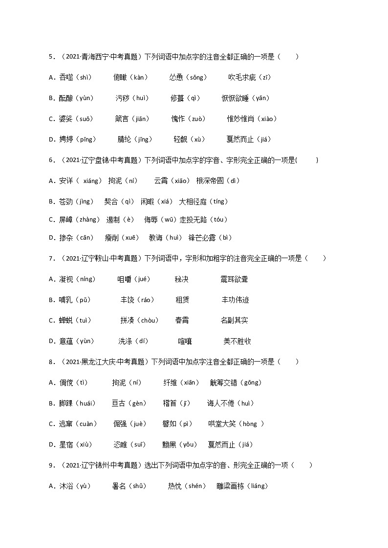 专题1 字音、字形(一)-中考语文基础知识+考点集训专题训练02