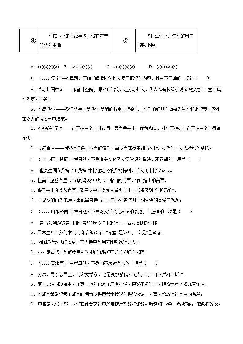专题6 文学常识(一)-中考语文基础知识+考点集训专题训练(原卷版)第2页