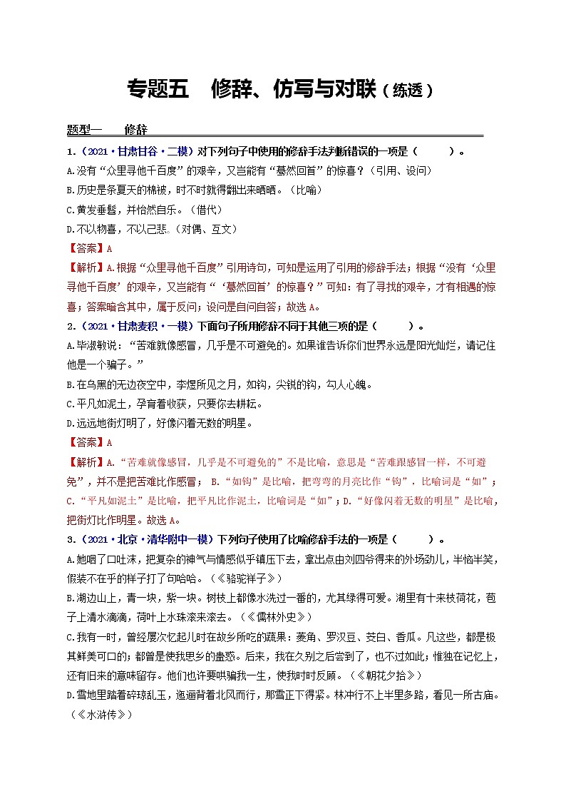 中考语文一轮复习 专题5 修辞、仿写与对联(练透)-【2022讲通练透一轮】01