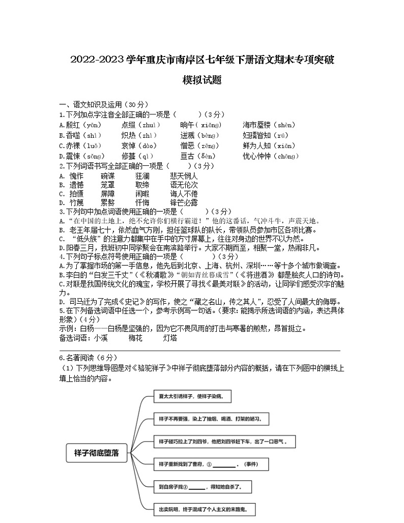 2022-2023学年重庆市南岸区七年级下册语文期末专项突破模拟试题(含解析)第1页