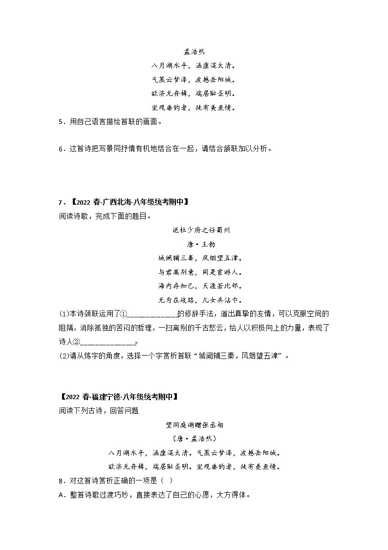 专题10 古诗词赏析(原卷版)-2022-2023学年八年级语文下册期中专项复习第2页