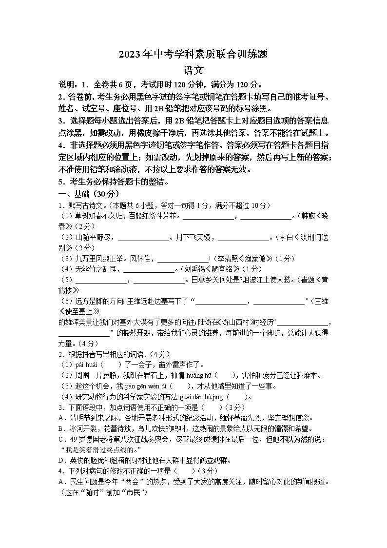 2023年广东省揭阳市惠来县中考一模语文试题01
