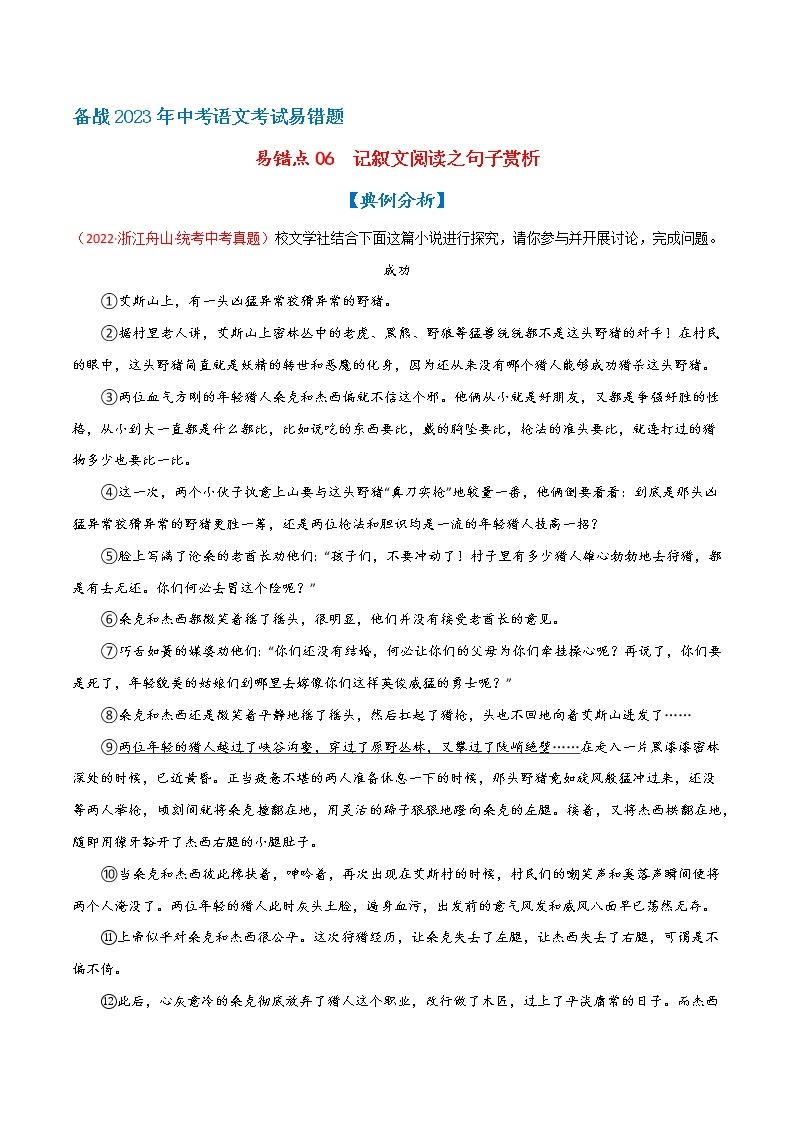 【浙江专用】2023年中考语文易错题汇编——06 记叙文阅读之句子赏析（原卷版+解析版）01