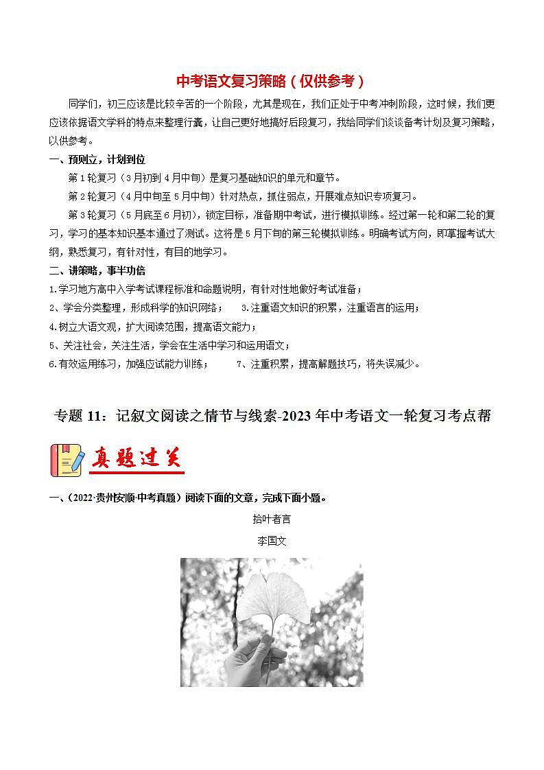 备战2023年中考语文一轮复习课件+习题 专题11:记叙文阅读之情节与线索 (全国通用)01