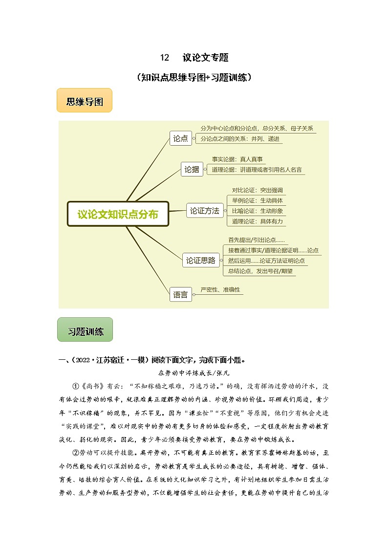 中考语文三轮冲刺12 议论文专题(知识点思维导图+习题训练)(教师版)第1页