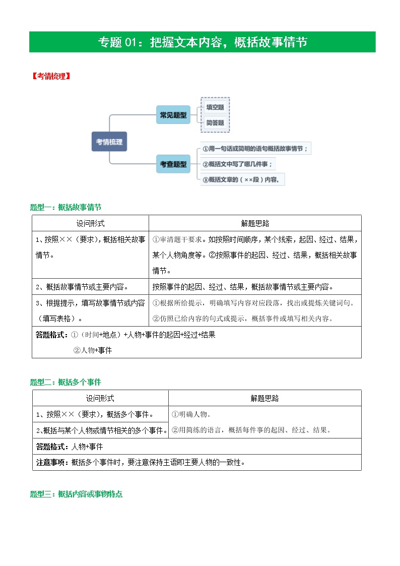 中考语文二轮复习记叙文文本阅读专题01 把握文本内容，概括故事情节(教师版)