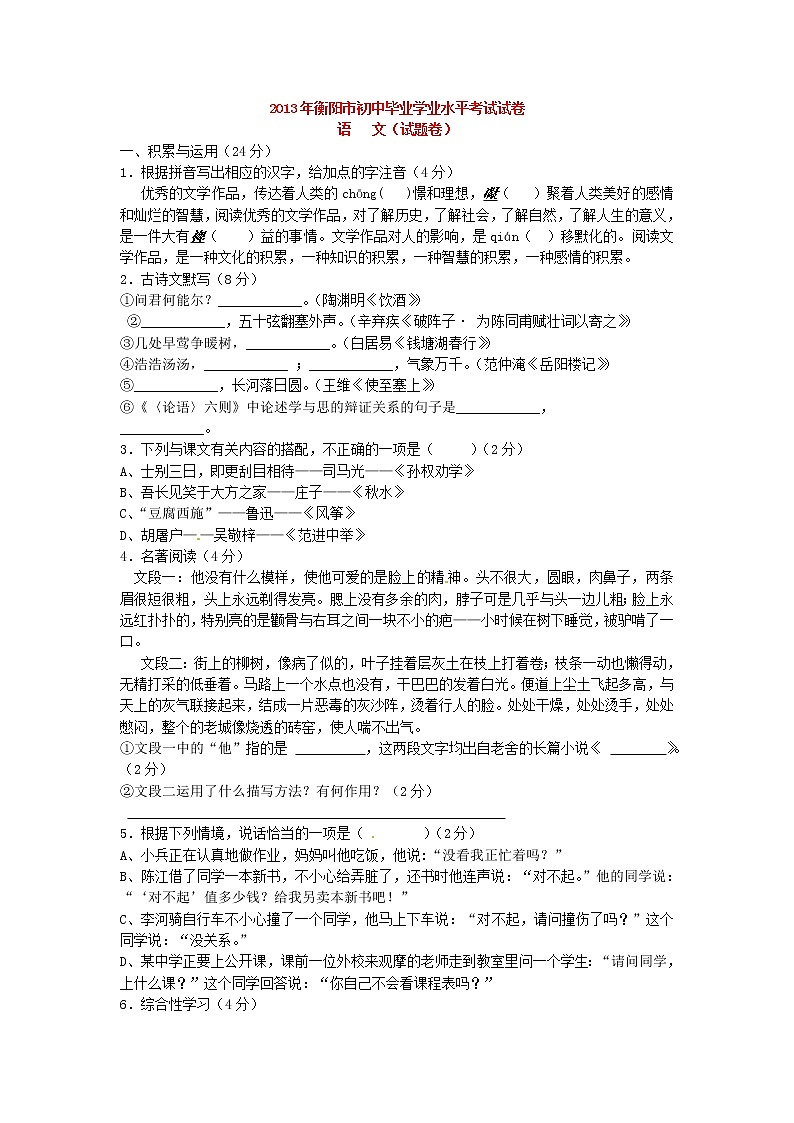 2013年衡陽(yáng)市中考語(yǔ)文試卷及答案第1頁(yè)