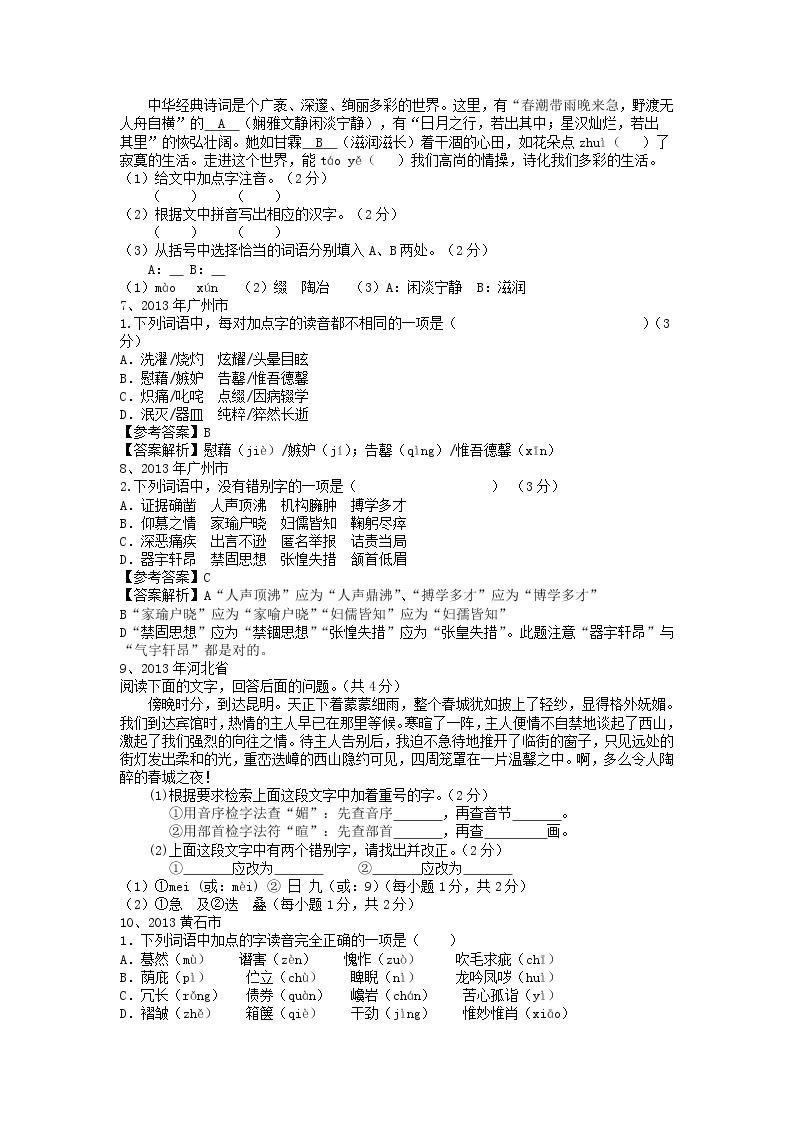 2013年中考语文试题分类汇编：语音与汉字02