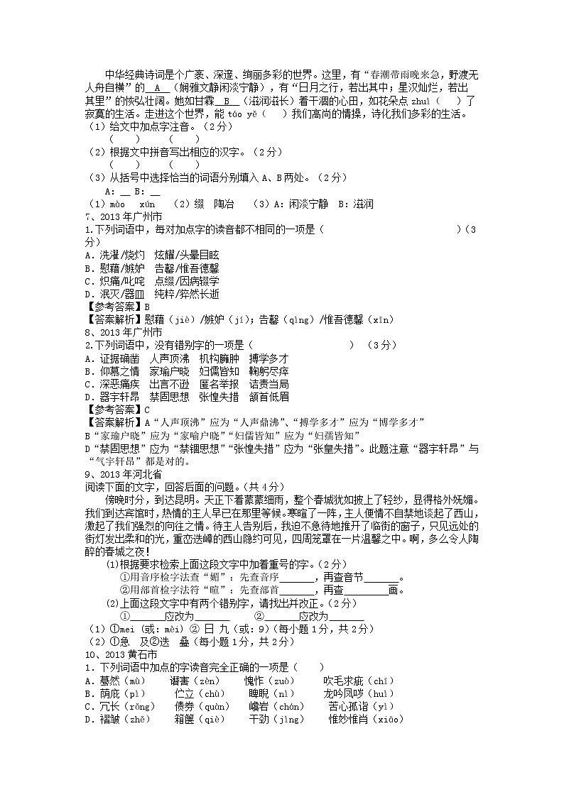 2013年中考语文试题分类汇编:语音与汉字第2页