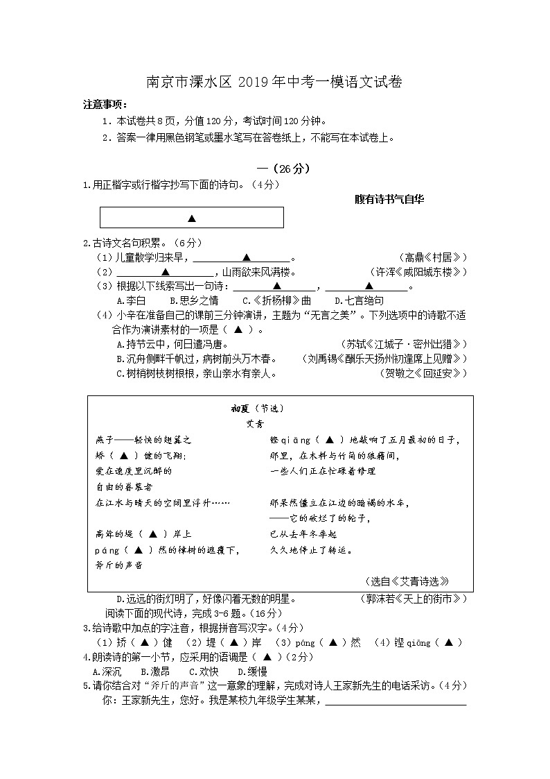 南京市溧水区2019年中考一模语文试卷及答案第1页