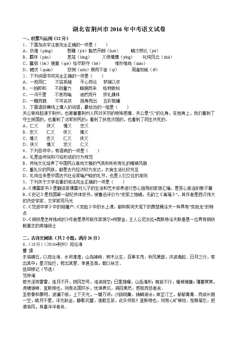 2016年荆州市中考语文试题解析版01