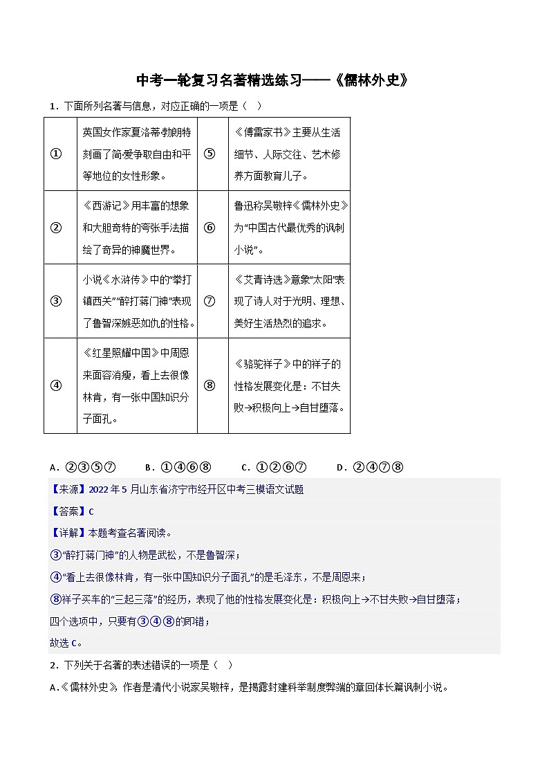 《儒林外史》精选练习-中考一轮复习第二弹:名著导读(教师版)第1页