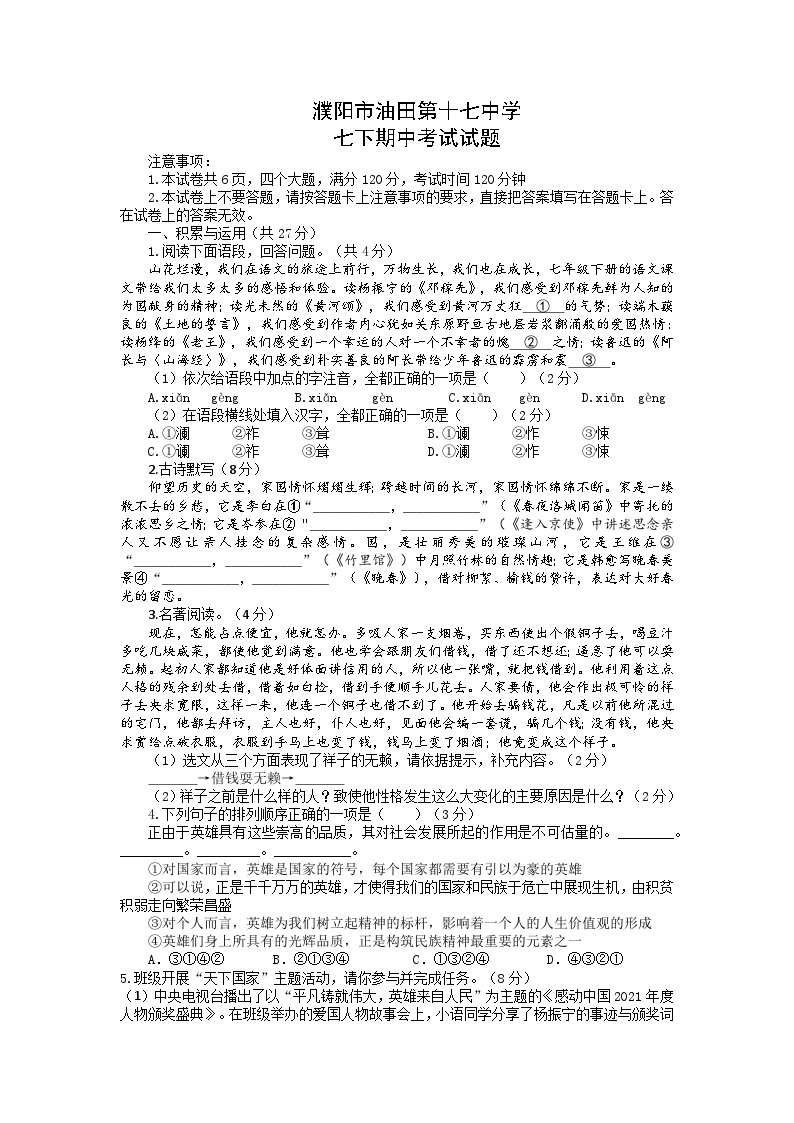 河南省濮阳市油田第十七中学2022-2023学年七年级下学期期中语文试题01