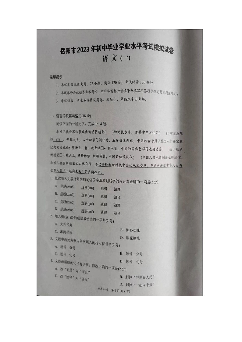 2023年湖南省岳阳市中考一模语文试题01