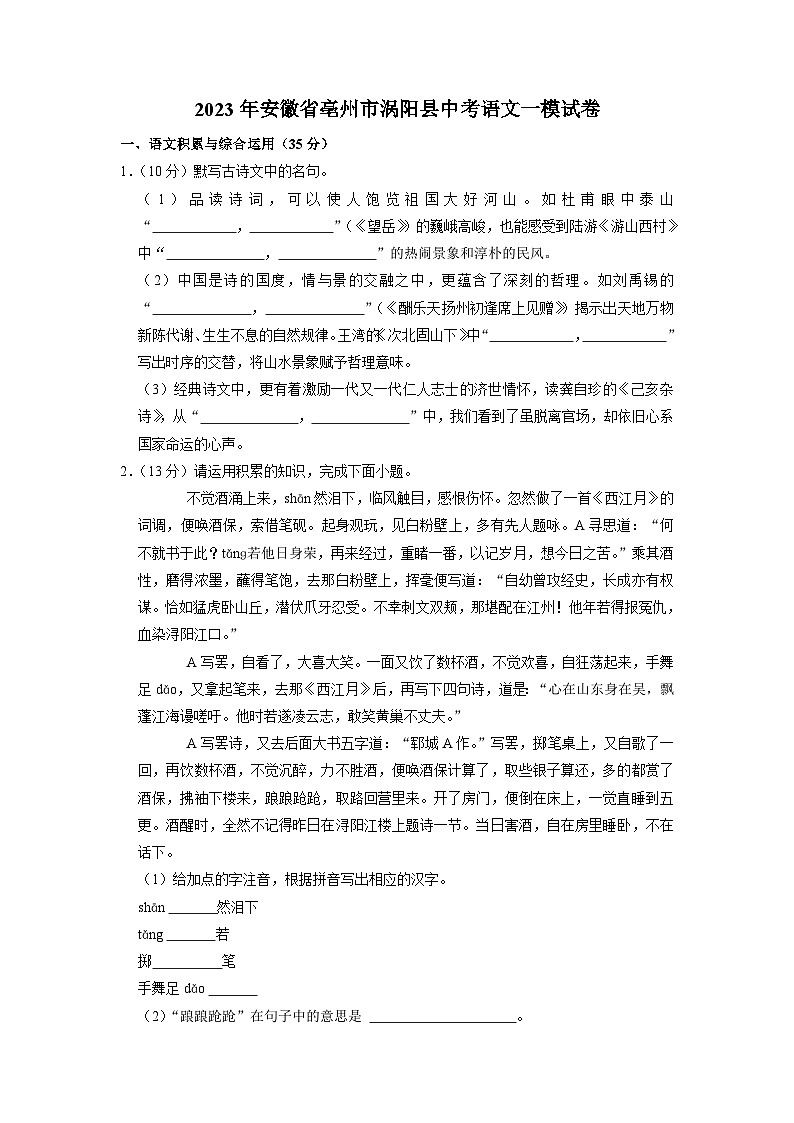 2023年安徽省亳州市涡阳县中考语文一模试卷01