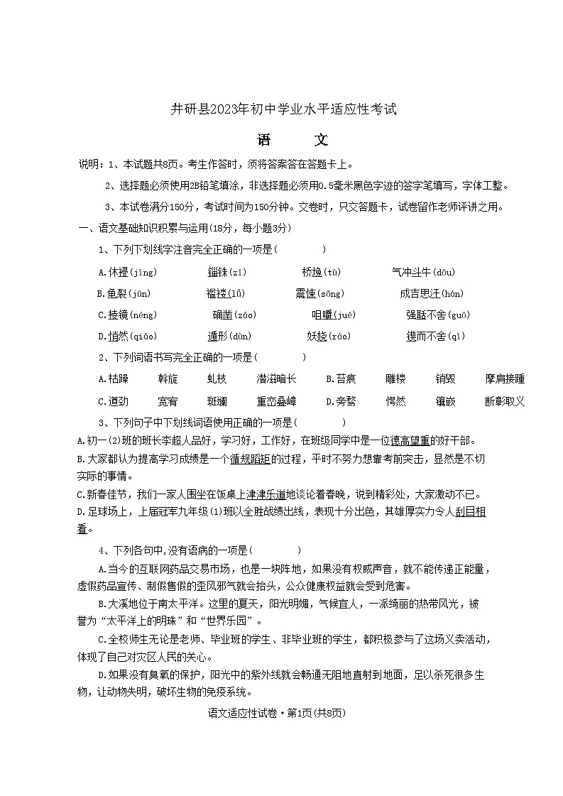 2023年四川省樂(lè)山市井研縣初中學(xué)業(yè)水平適應(yīng)性考試語(yǔ)文試題（含答案）第1頁(yè)