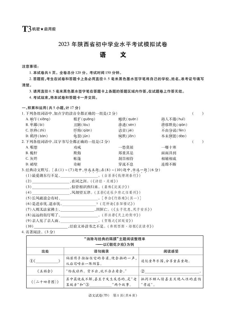 2023年陕西省宝鸡市陇县初中学业模拟考试语文试题01