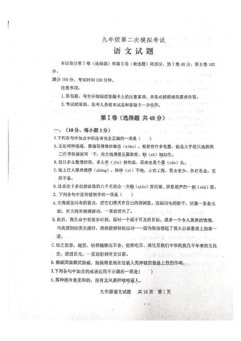 2023年山东省泰安市宁阳县中考二模语文试题第1页