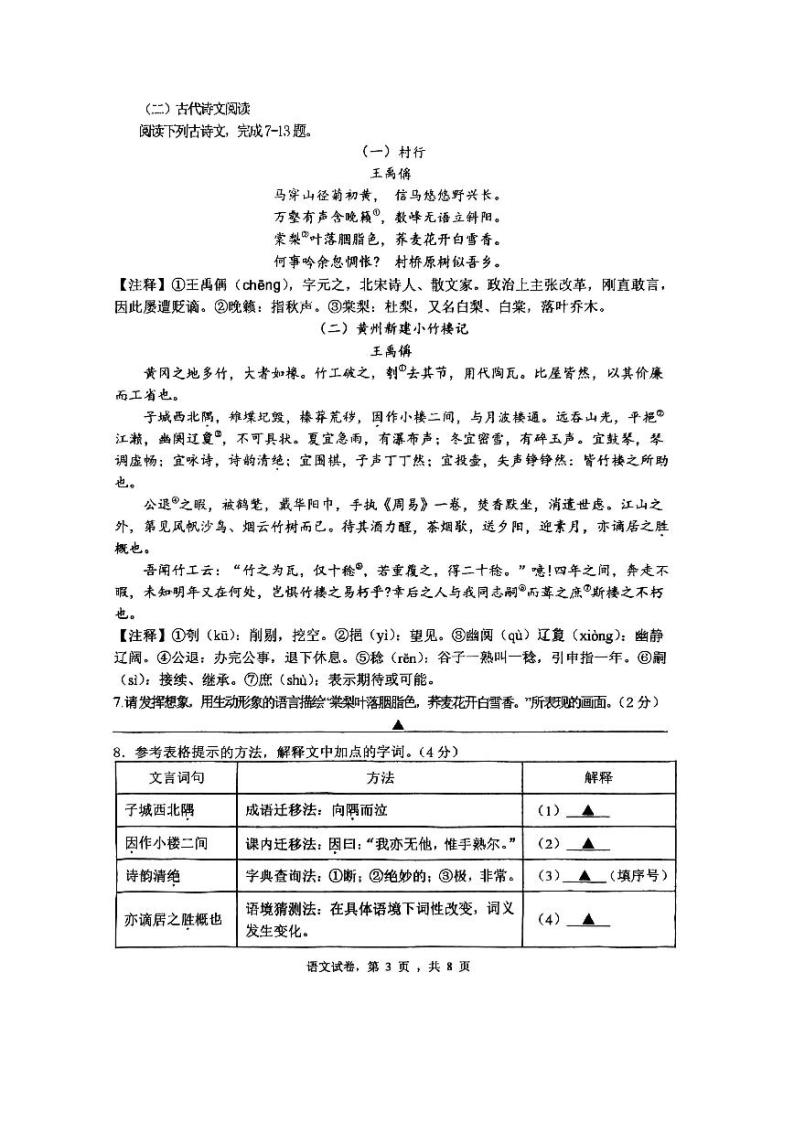 2023年江苏省苏州市振华中学中考二模语文试卷03