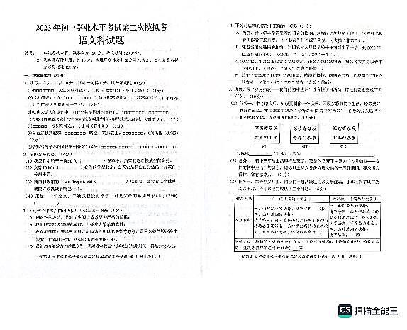 2023年广东省揭阳市初中学业水平考试第二次模拟考试语文试题+答题卡+答案01