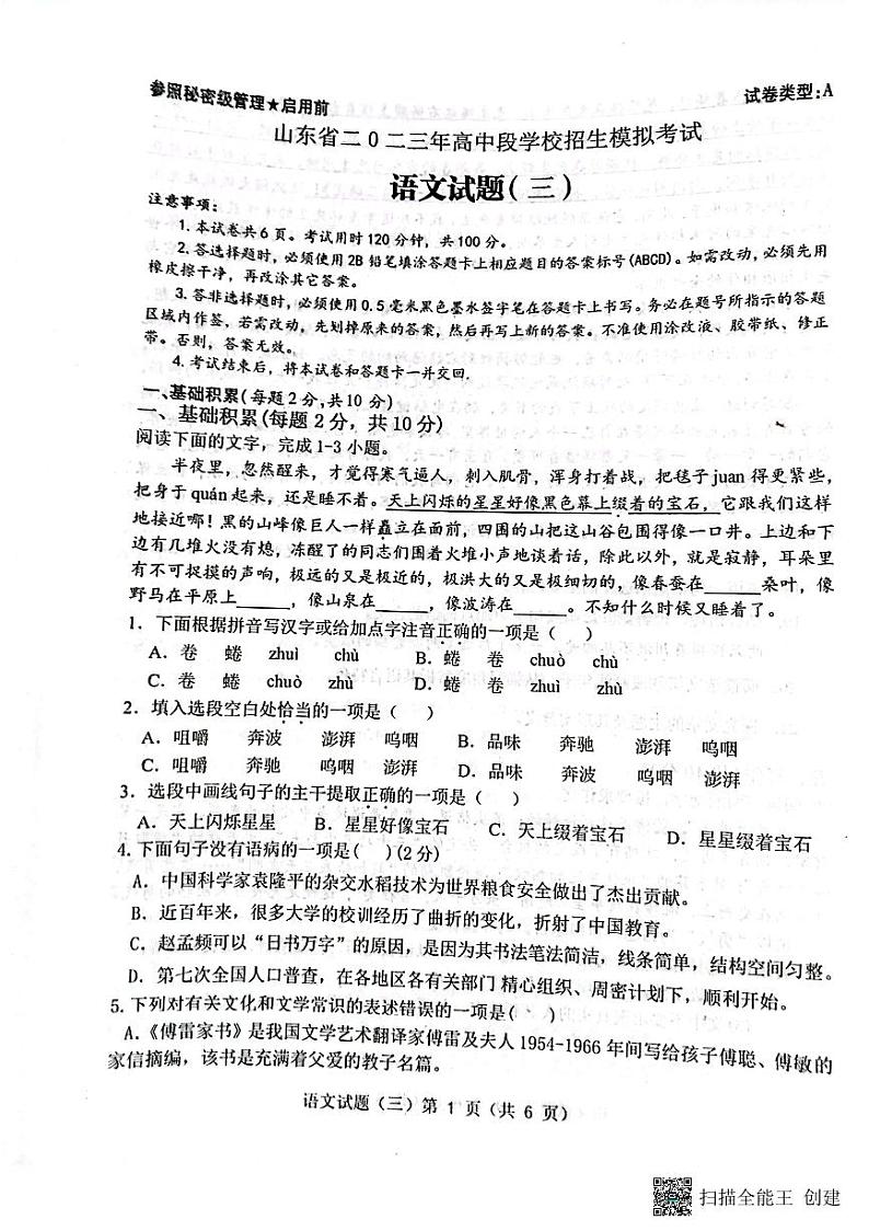 2023年山东济宁市梁山县寿张集镇中学中考模拟语文试题第1页