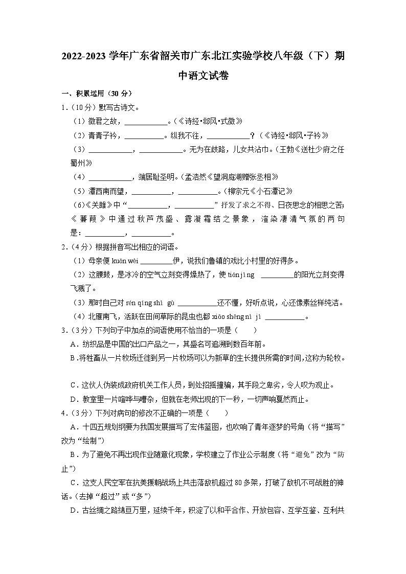 广东省韶关市广东北江实验学校2022-2023学年八年级下学期期中考试语文试卷01