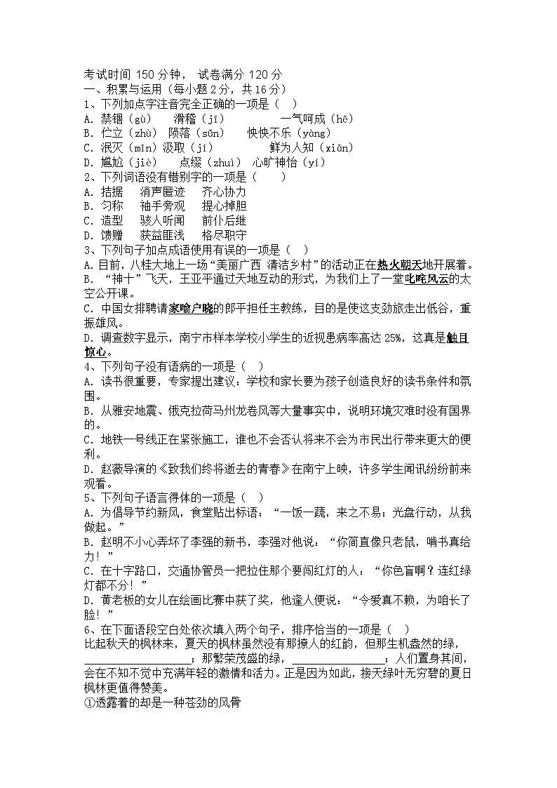 2023年广西南宁市中考模拟练习语文试题及答案第1页