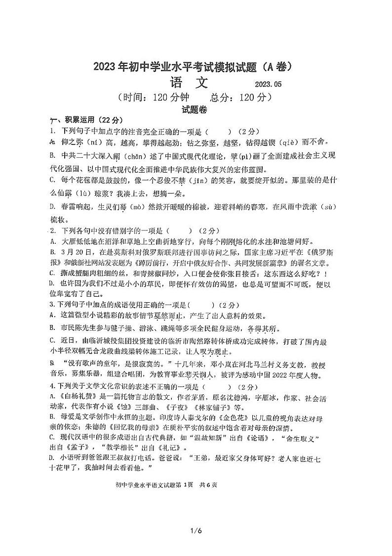 2023年山东省临沂市罗庄区中考二模语文试题01