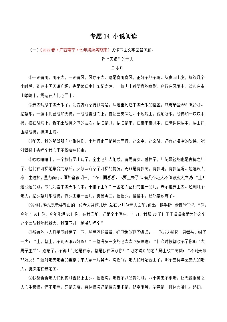 【期末专题复习】部编版语文2022-2023学年七年级下册期末：专题14 小说阅读（含解析）01