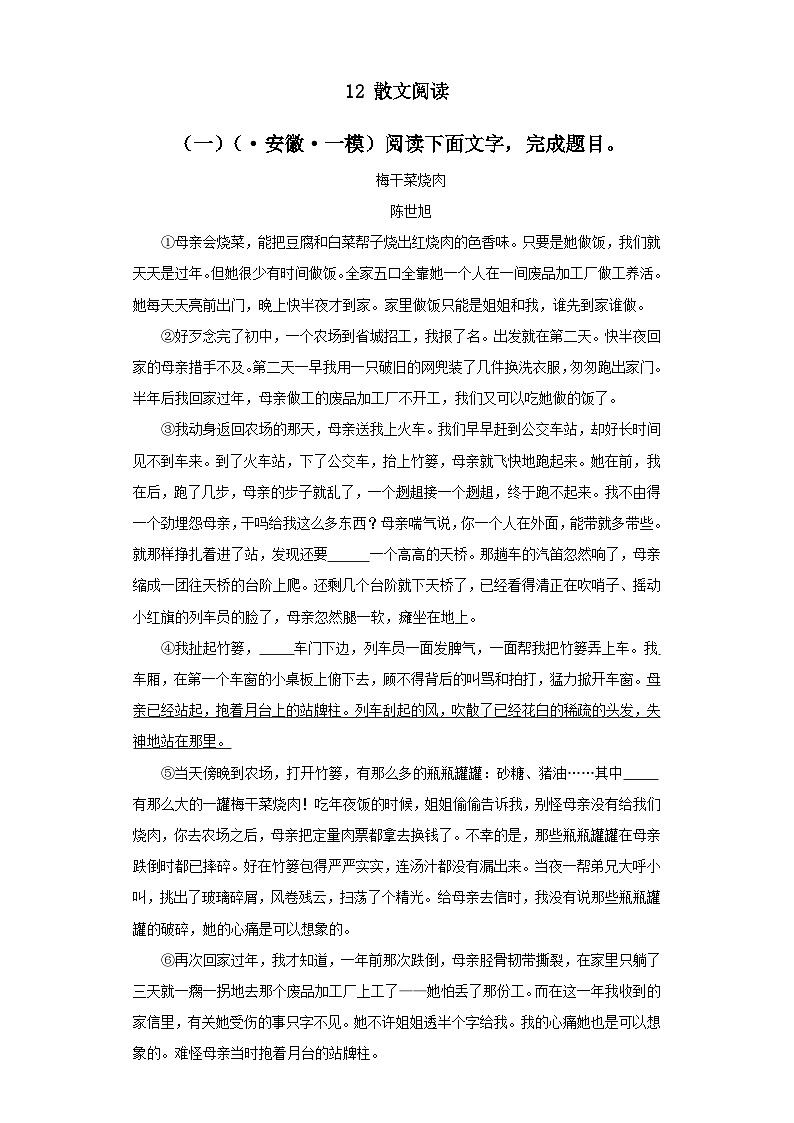 12 散文阅读-学易金卷:中考语文一模试题分项汇编(全国通用)第1页