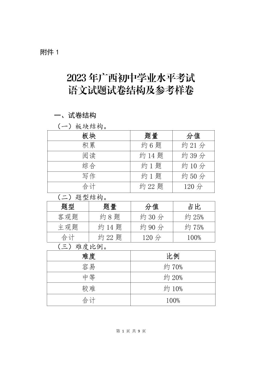 1.2023年广西初中学业水平考试语文试题试卷结构及参考样卷