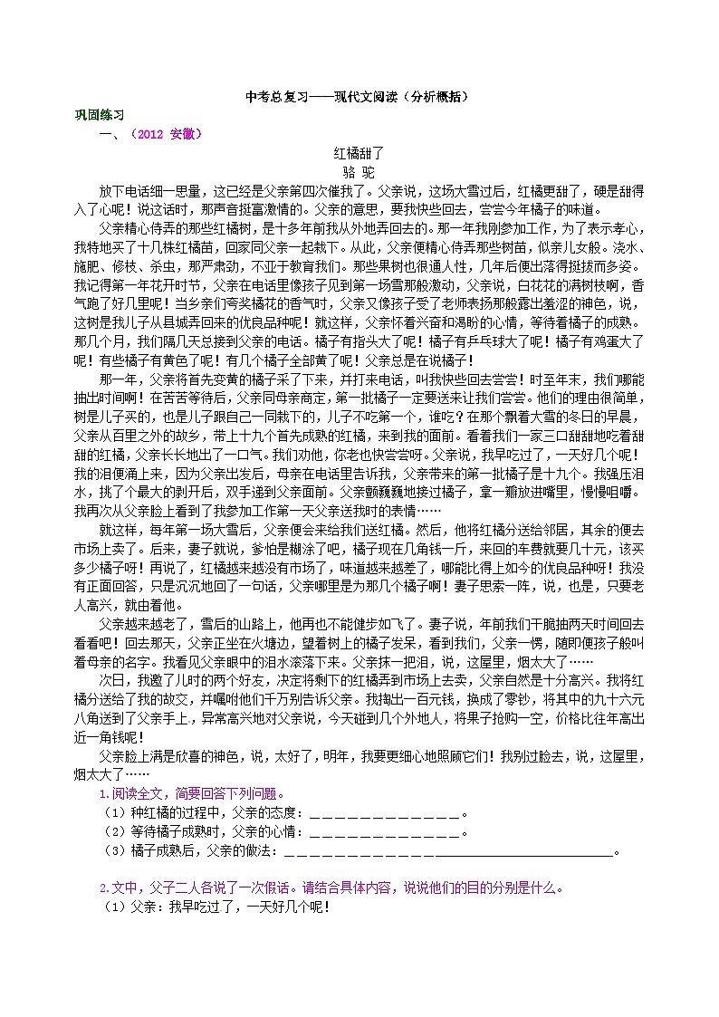 中考总复习——现代文阅读(分析概括)巩固练习第1页
