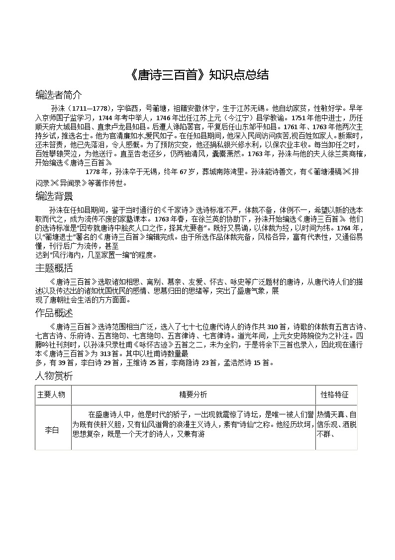 第一單元名著自主閱讀推薦《唐詩三百首》知識點總結(jié)部編版語文九年級上冊第1頁