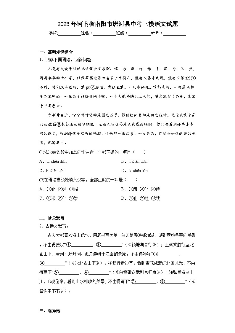 2023年河南省南阳市唐河县中考三模语文试题(含解析)01