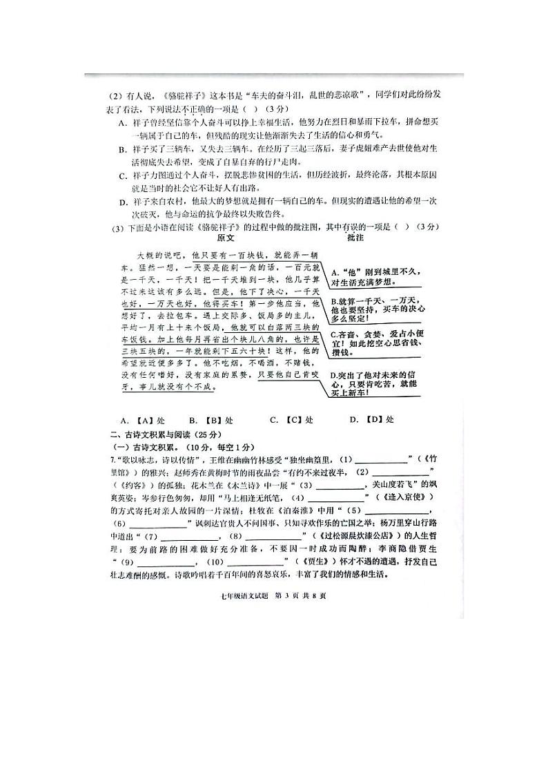 重庆市大渡口区2022-2023学年七年级下学期期末质量监测语文试题第3页