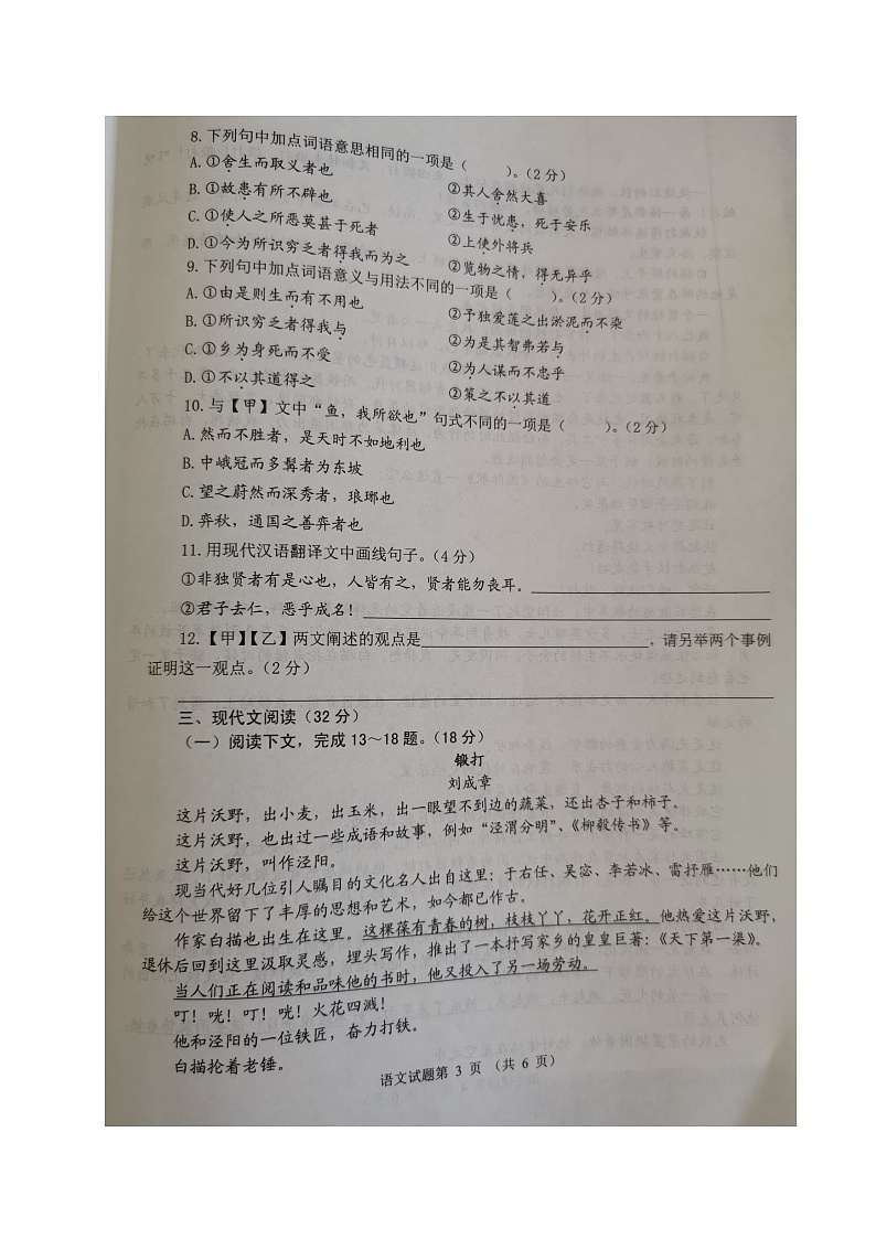 2023年山东省威海市中考语文真题03
