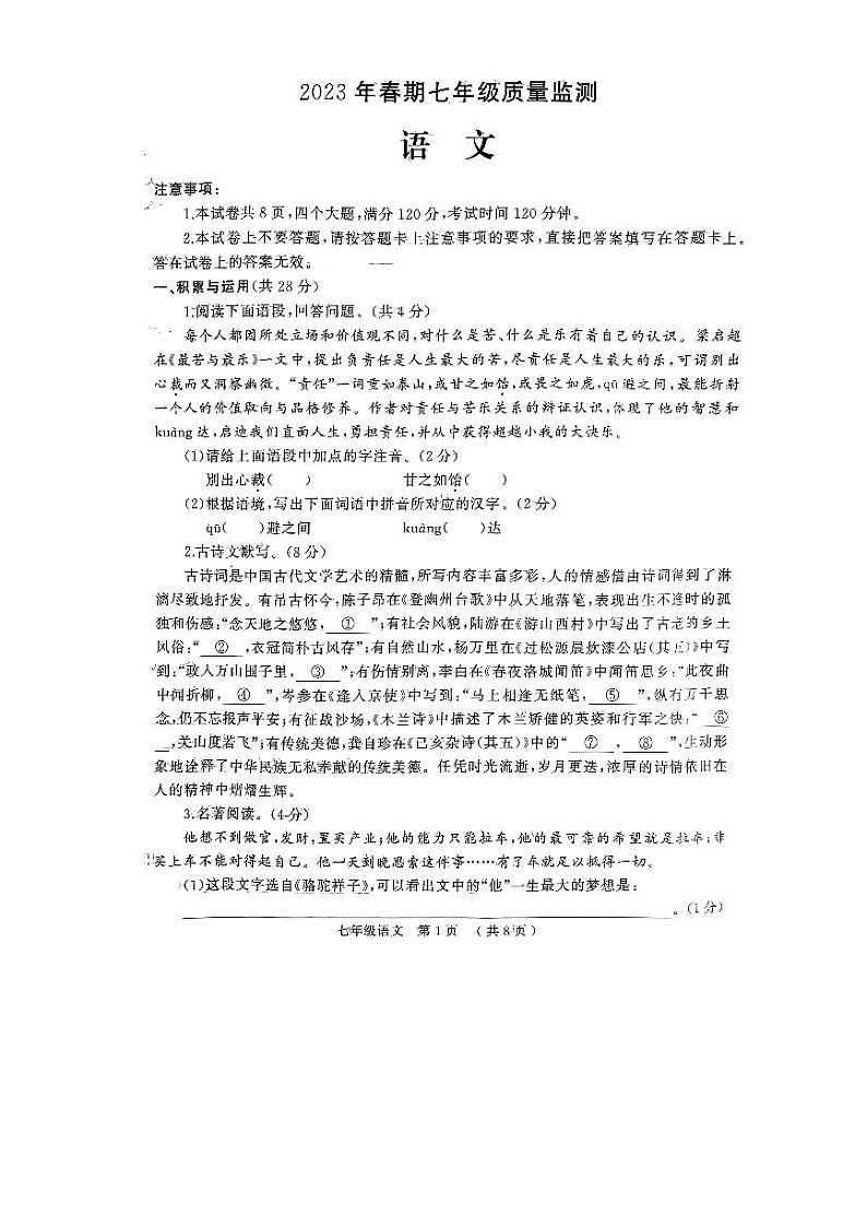 河南省驻马店市驿城区2022-2023学年七年级下学期7月期末语文试题第1页