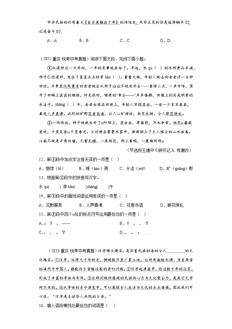重庆三年（2021-2023）中考语文真题分题型分类汇编-01基础知识03