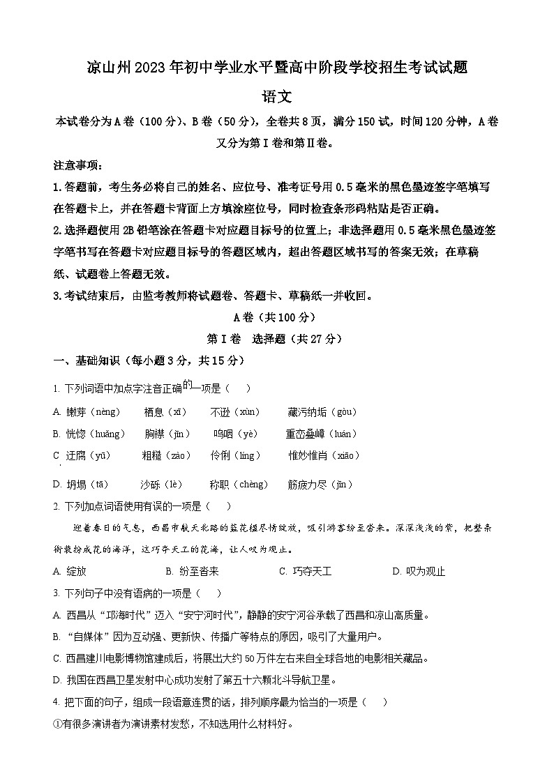 2023年四川省凉山彝族自治州中考语文真题01