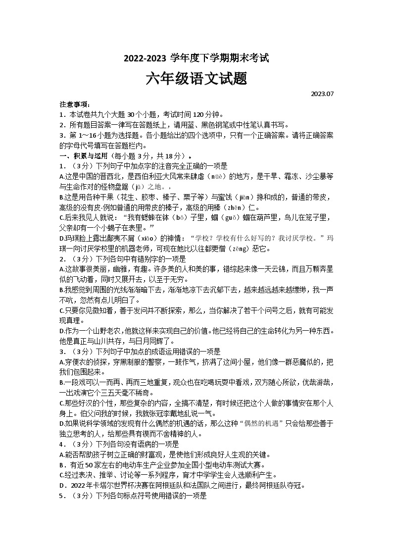 山东省泰安市肥城市2022-2023学年（五四学制）六年级下学期期末语文试题（含答案）01