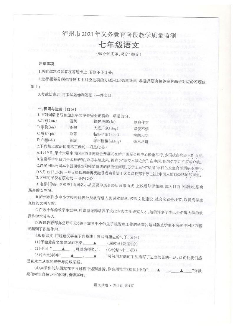 四川省泸州江阳区2020-2021学年七年级下学期期末考试语文试题01